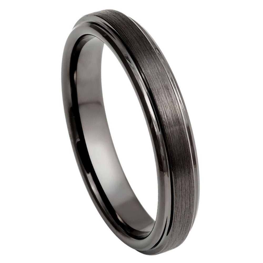 4mm Gunmetal Tungsten Brushed Band with Stepped Edges on white background