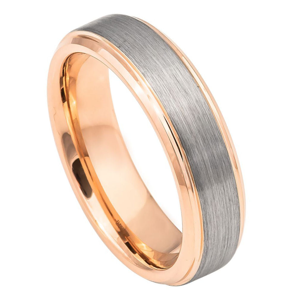 6mm Silver Tungsten Brushed Band with Rose Interior on white background