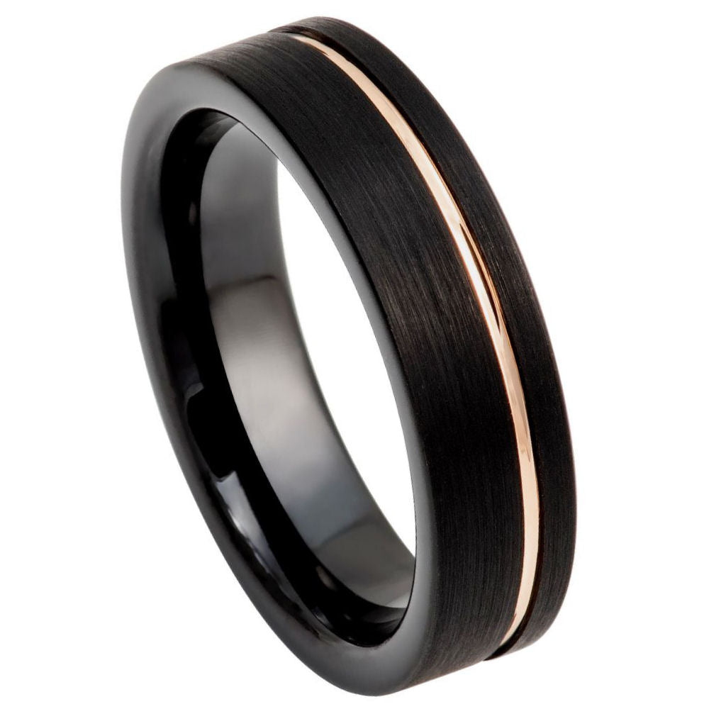 6mm Black Tungsten Brushed Band with Rose Center Stripe on white background
