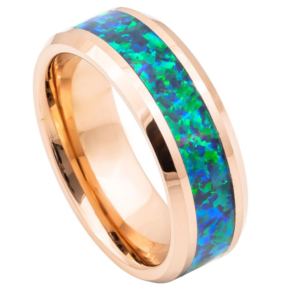 8mm Rose Tungsten Band with Green Opal Inlay on white background