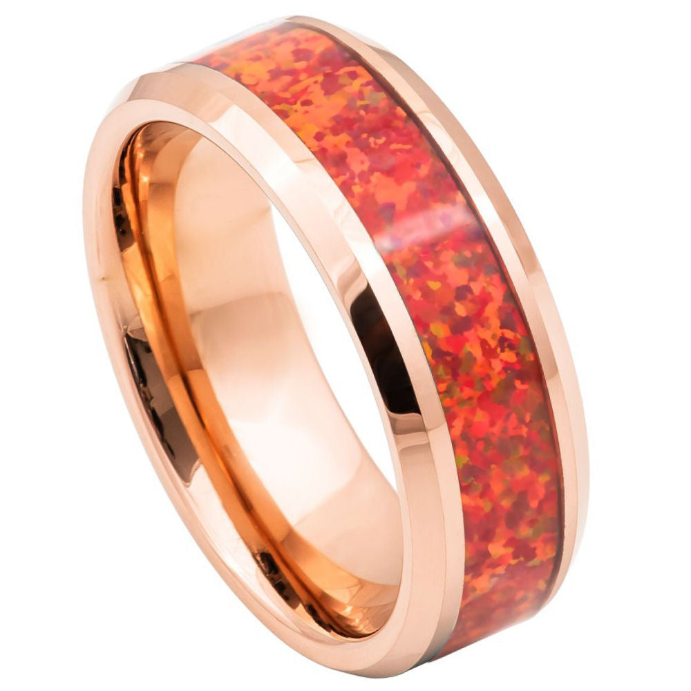 8mm Rose Tungsten Band with Red Opal Inlay on white background