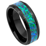 8mm Black Tungsten Band with Green Opal Inlay on white background