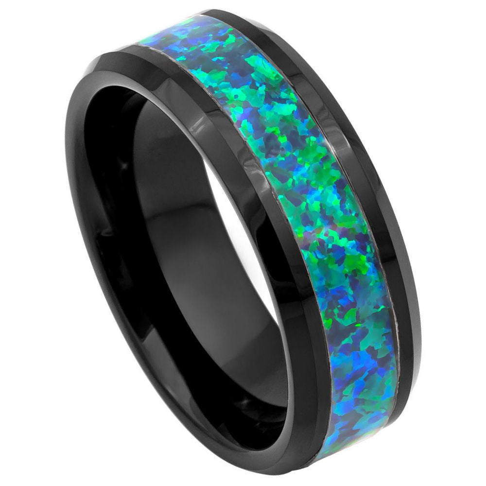 8mm Black Tungsten Band with Green Opal Inlay on white background