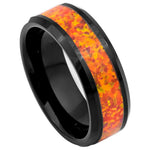 8mm Black Tungsten Band with Orange Opal Inlay on white background