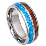 8mm Silver Tungsten Band with Blue Opal & Koa Wood Inlay on white background