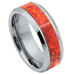 8mm Silver Tungsten Band with Red Opal Inlay on white background