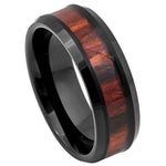 8mm Black Tungsten Band with Rosewood Inlay on white background