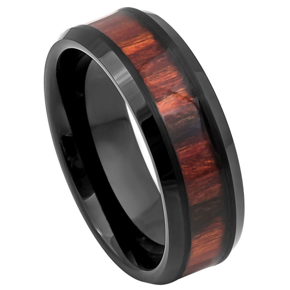 8mm Black Tungsten Band with Rosewood Inlay on white background