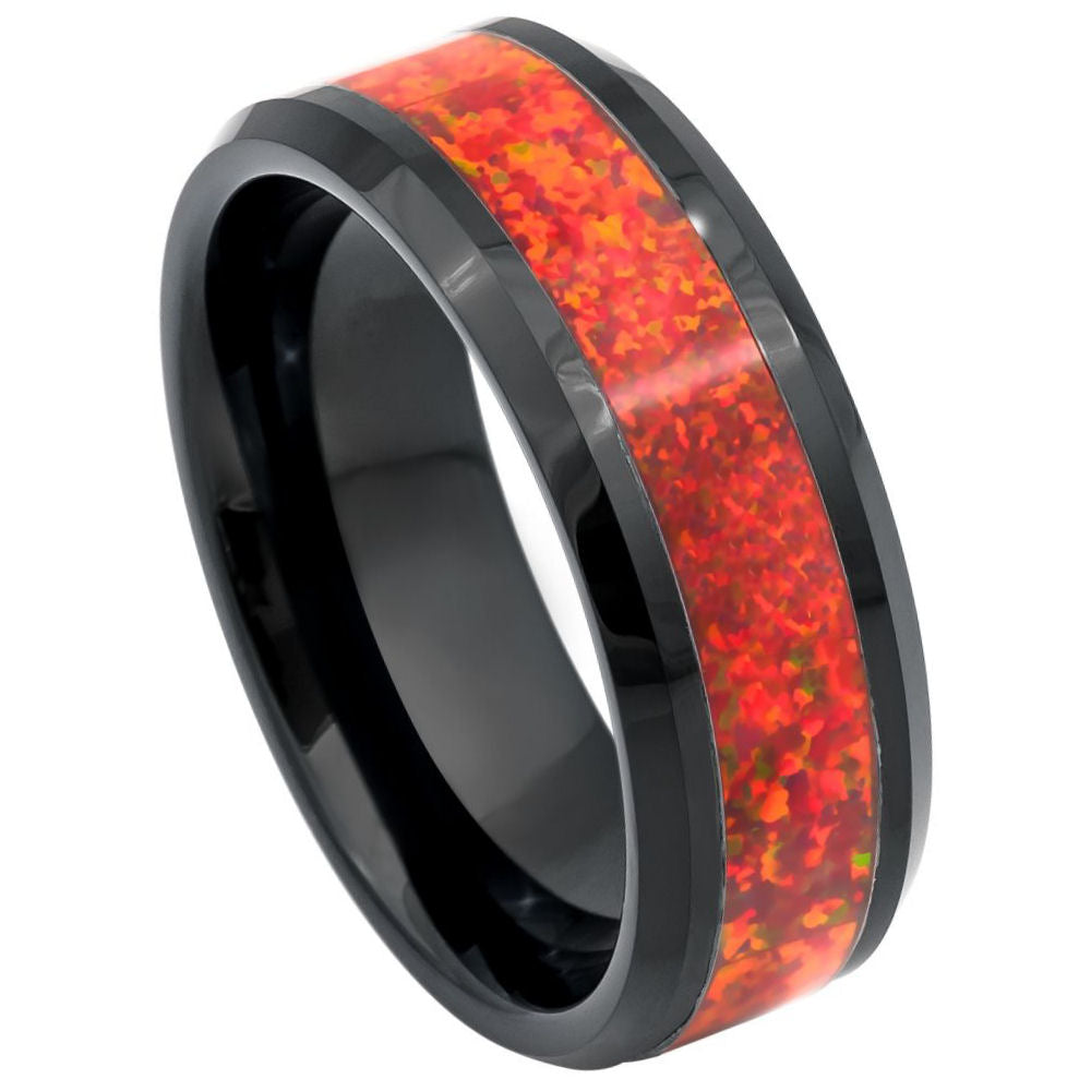 8mm Black Tungsten Band with Red Opal Inlay on white background