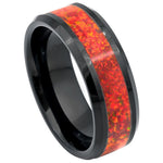 8mm Black Tungsten Band with Red Opal Inlay on white background