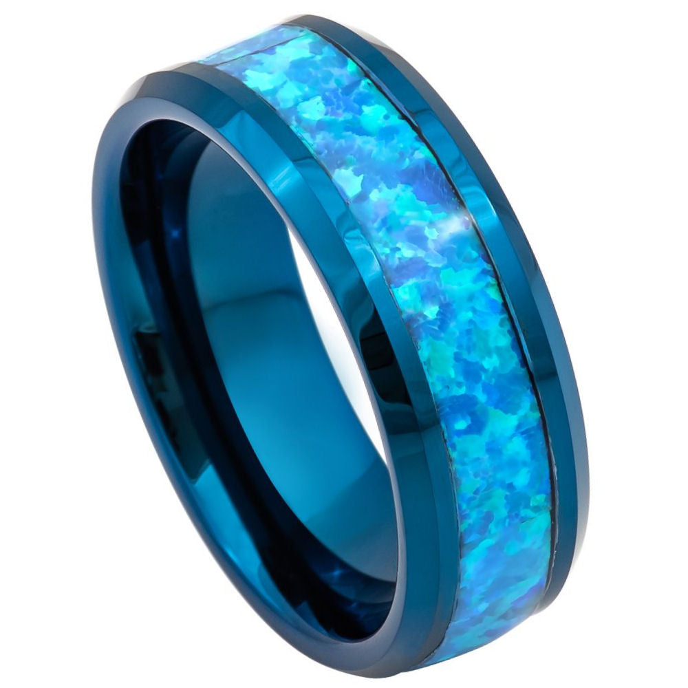 8mm Blue Tungsten Band with Blue Opal Inlay on white background