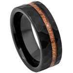 8mm Black Tungsten Faceted Band with Koa Wood Inlay on white background