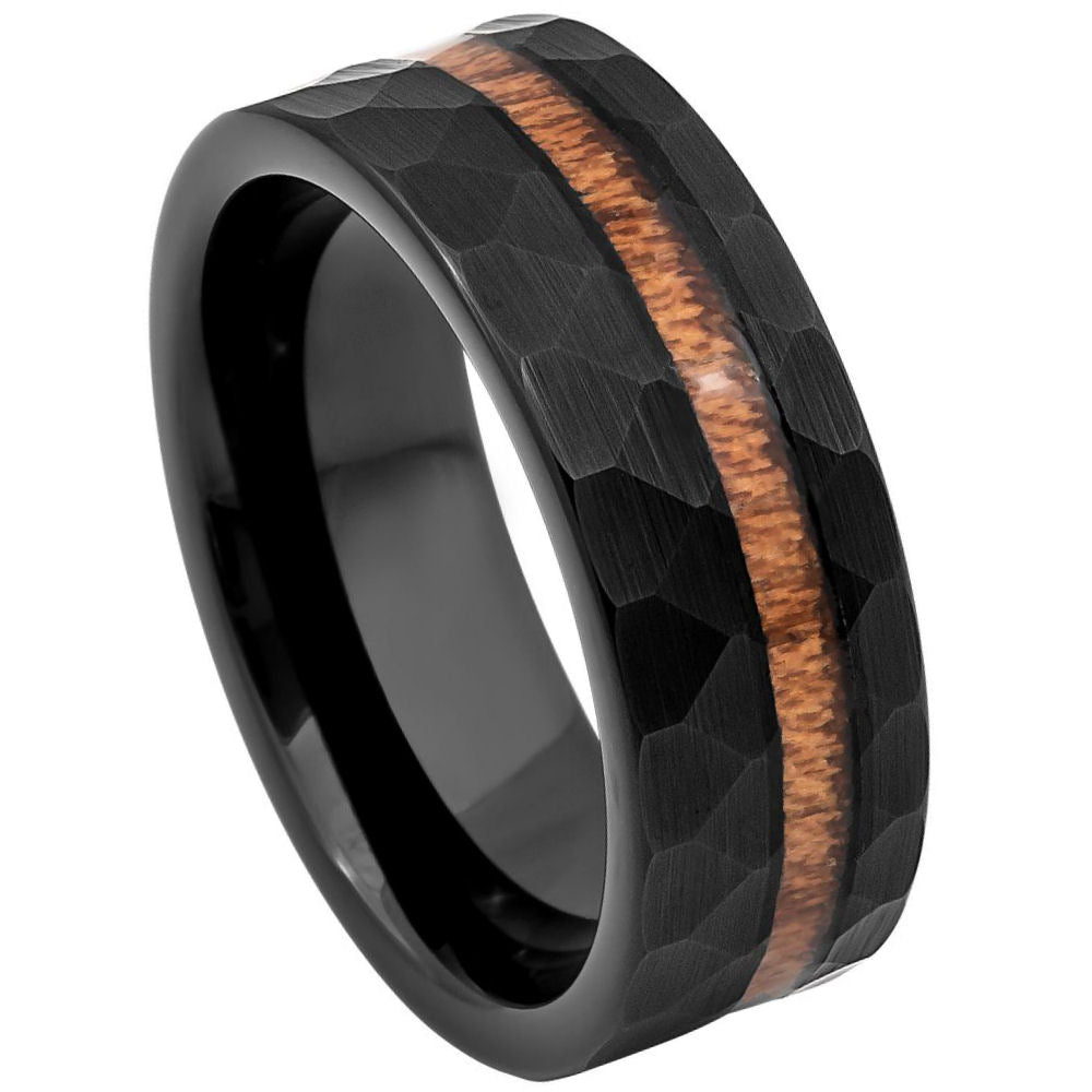 8mm Black Tungsten Faceted Band with Koa Wood Inlay on white background