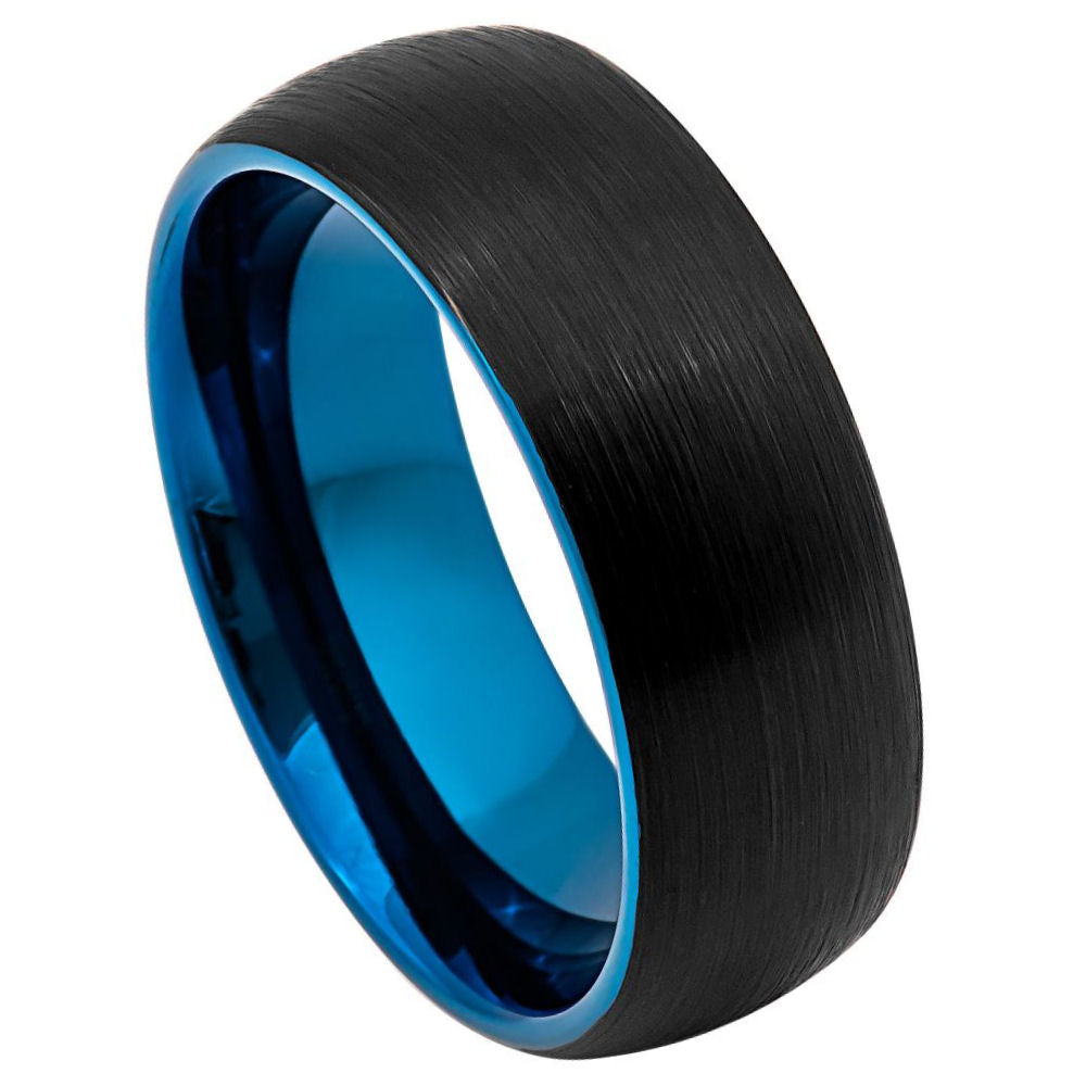 8mm Black Tungsten Brushed Band with Blue Interior on white background