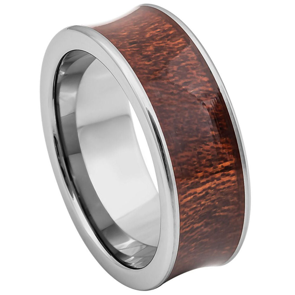 8mm Silver Tungsten Band with Rosewood Inlay on white background