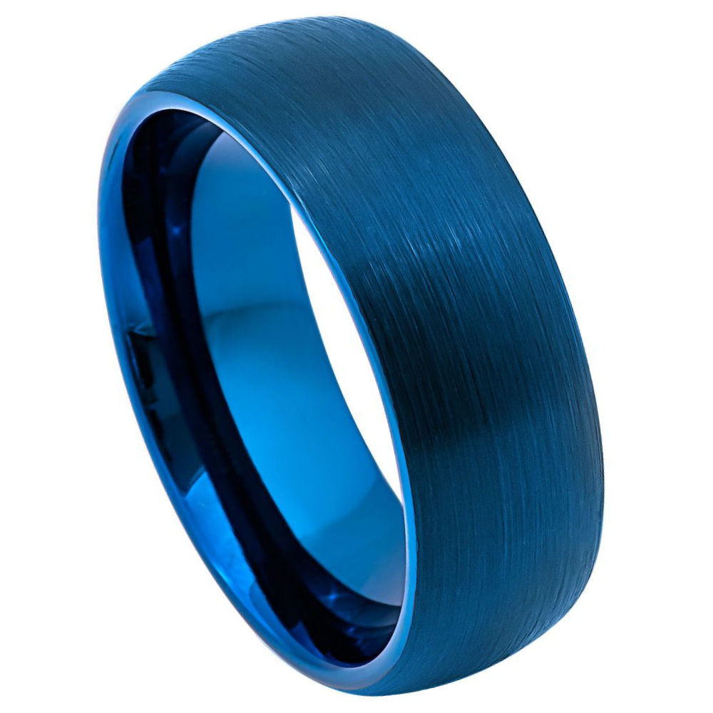 8mm Blue Tungsten Brushed Domed Band on white background