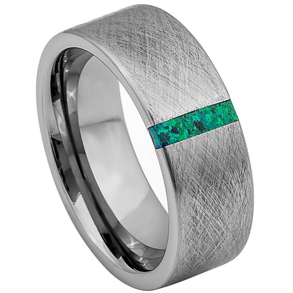 8mm Silver Tungsten Brushed Band with Turquoise Center Inlay on white background
