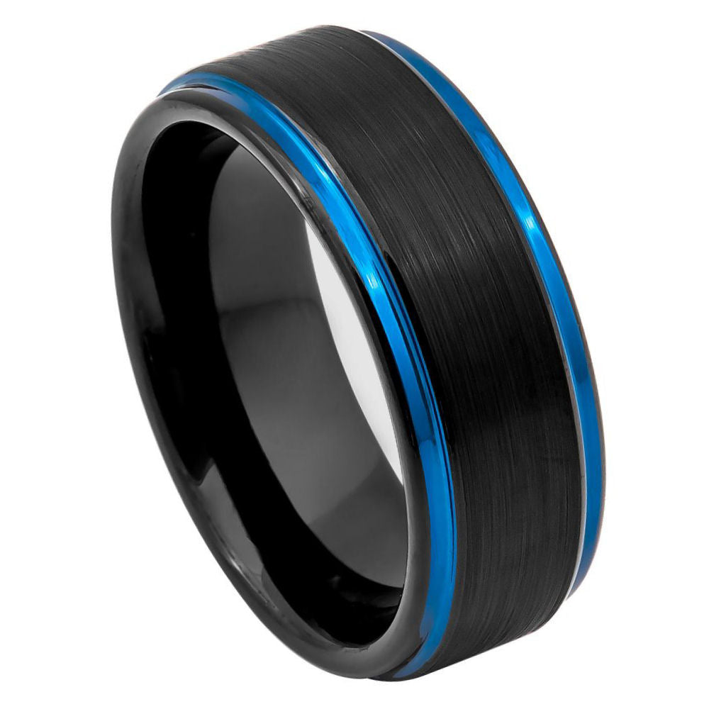 8mm Black Tungsten Brushed Band with Blue Double Grooves on white background