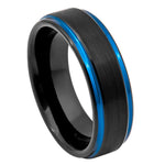 6mm Black Tungsten Brushed Band with Blue Double Grooves on white background