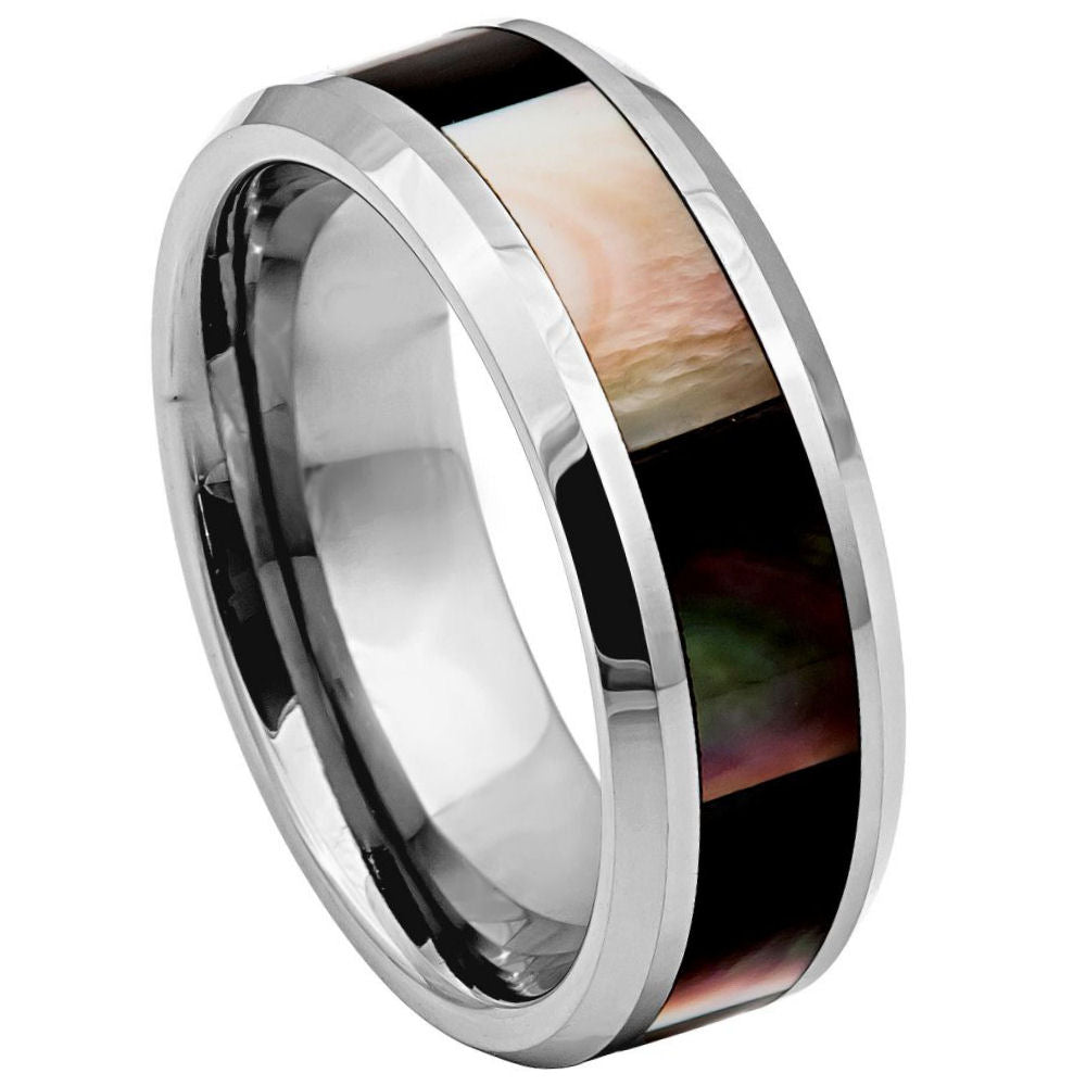 8mm Silver Tungsten Band with Mother-of-Pearl Inlay on white background