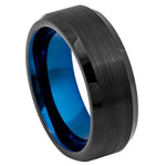 8mm Black Tungsten Brushed Band with Blue Interior & Beveled Edges on white background