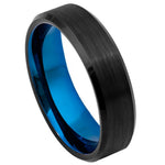 6mm Black Tungsten Brushed Band with Blue Interior & Beveled Edges on white background