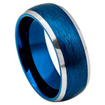 8mm Blue Tungsten Brushed Band with Silver Beveled Edges on white background