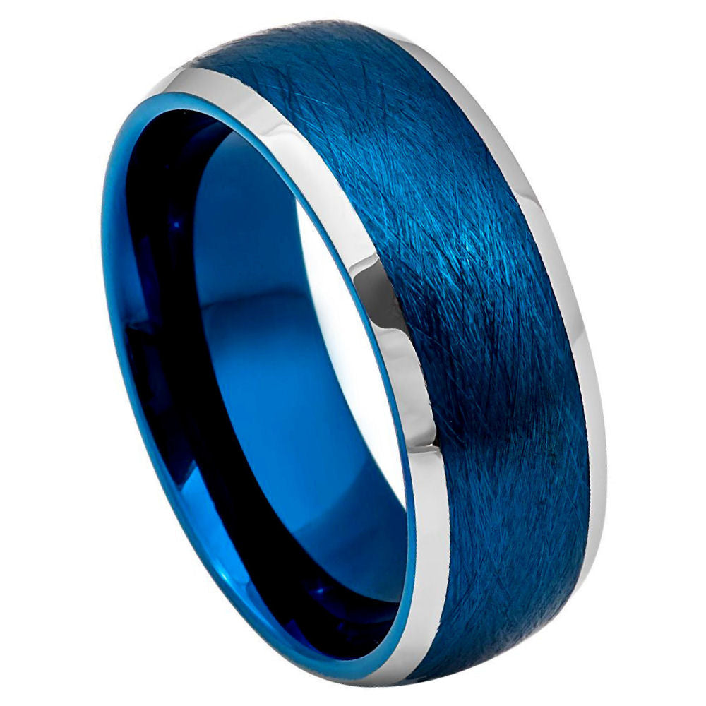 8mm Blue Tungsten Brushed Band with Silver Beveled Edges on white background