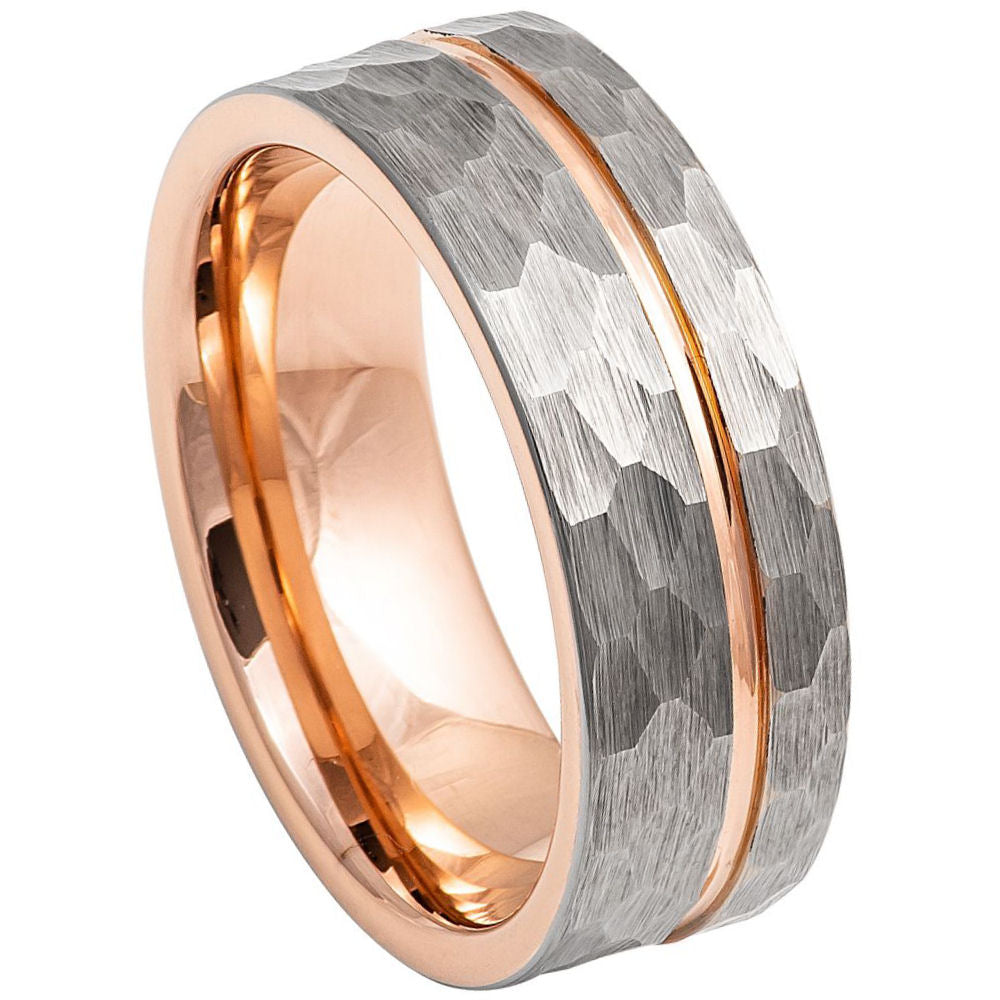 8mm Silver Tungsten Hammered Band with Rose Interior on white background