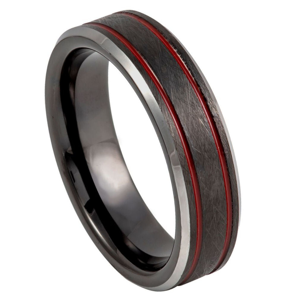 6mm Black Tungsten Brushed Band with Red Edge Grooves on white background