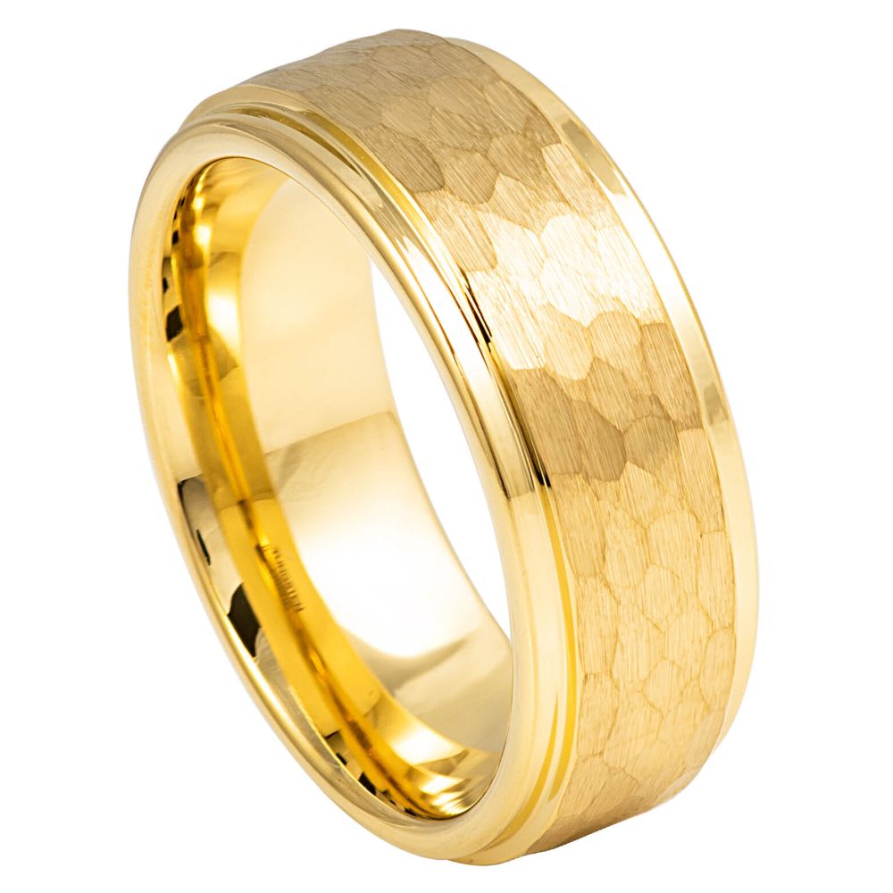 8mm Yellow Tungsten Hammered-Center Band on white background