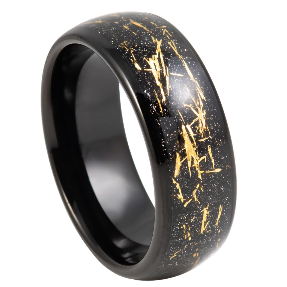 8mm Black Tungsten Band with Gold Flake Inlay on white background