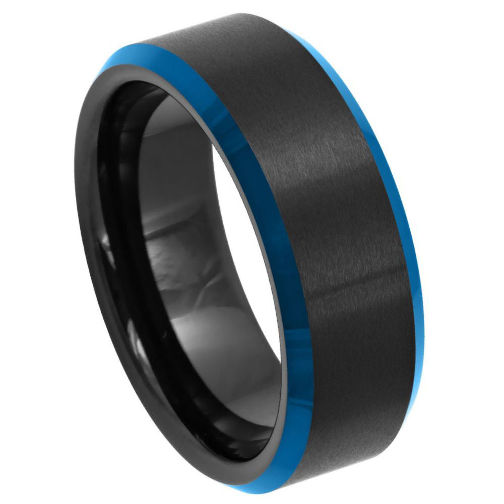 8mm Black Tungsten Brushed Band with Blue Edges on white background