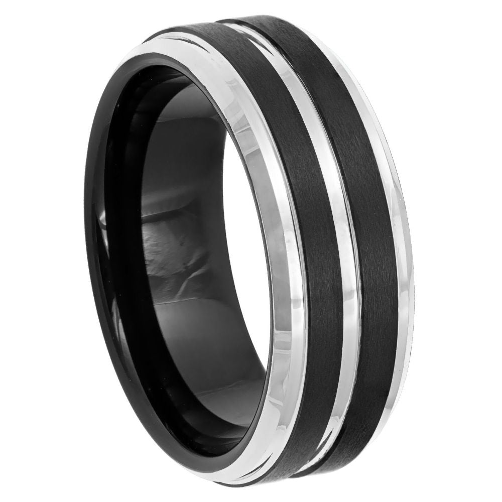 8mm Black Tungsten Band with Silver Double Grooves on white background