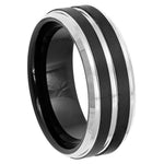 8mm Black Tungsten Band with Silver Double Grooves on white background