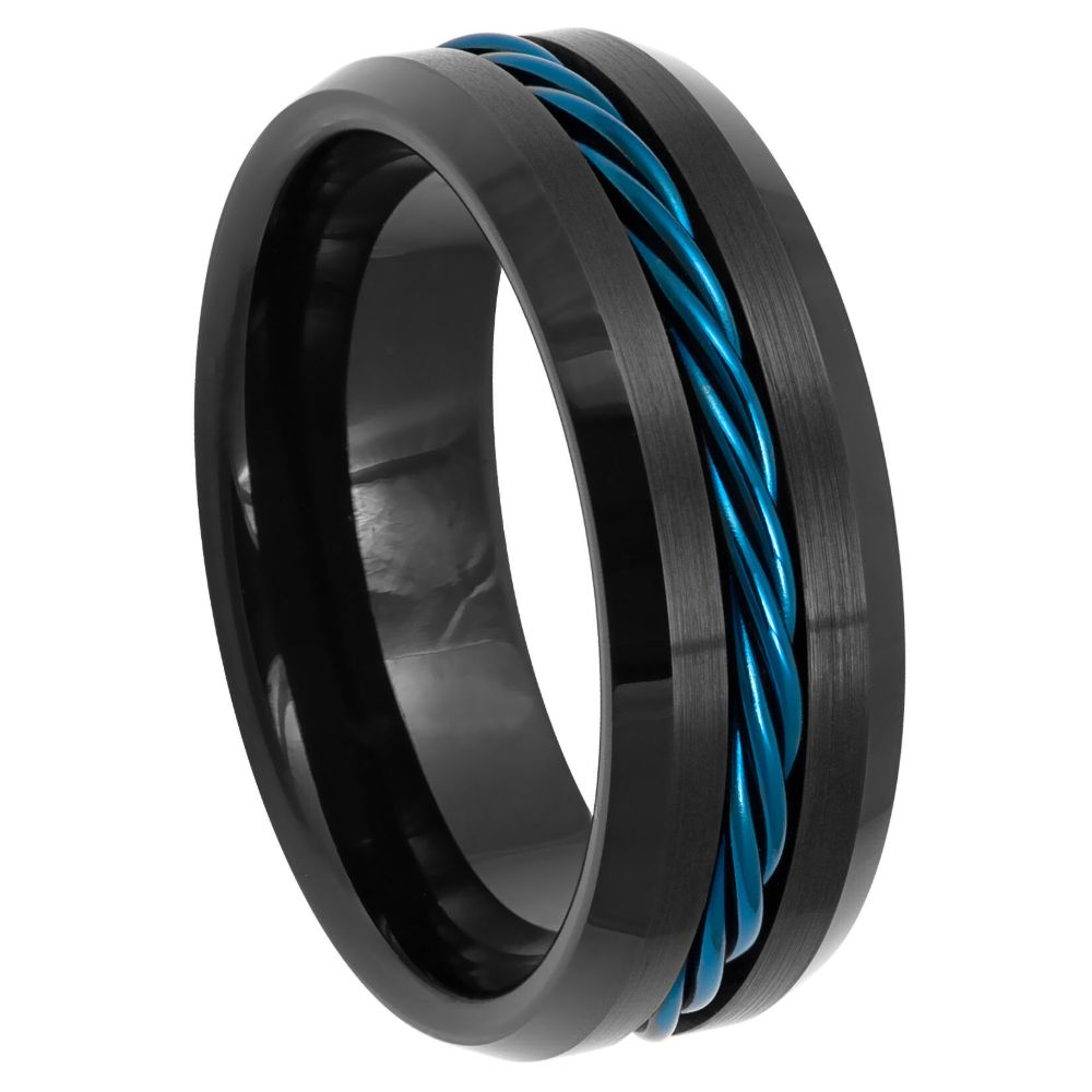 8mm Black Tungsten Band with Blue Braided Inlay on white background