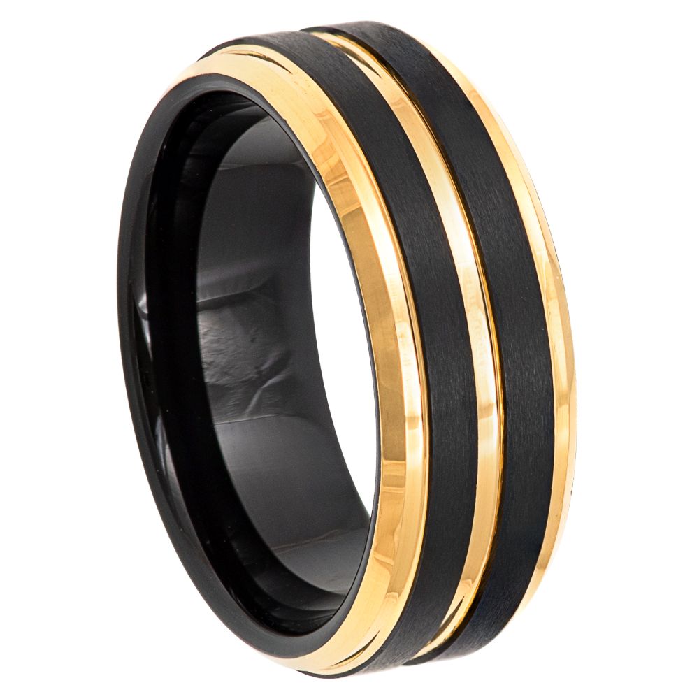 8mm Black Tungsten Band with Yellow Double Grooves on white background