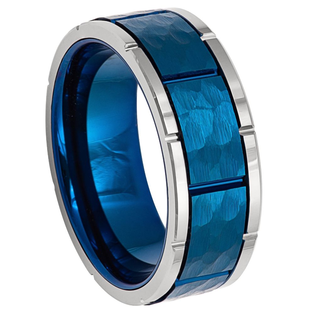 8mm Blue Tungsten Hammered Band with Silver Beveled Edges on white background