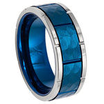 8mm Blue Tungsten Hammered Band with Silver Beveled Edges on white background
