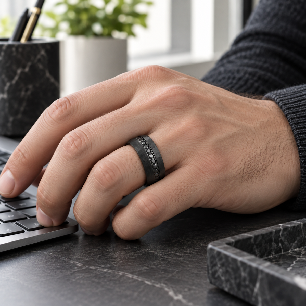 8mm Black Tungsten Brushed Band with Black Diamonds lifestyle image