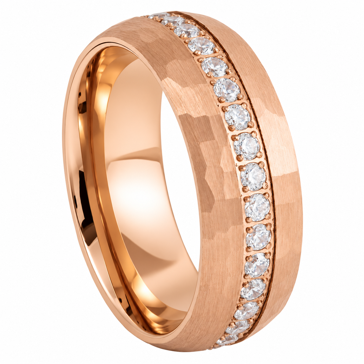 8mm rose tungsten band with diamond channel on white background