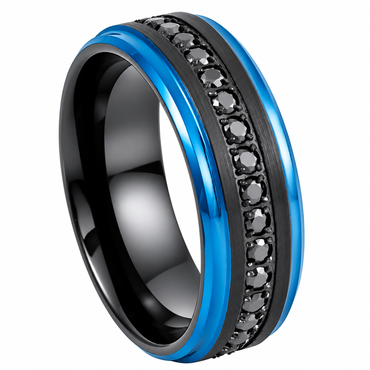 8mm black and blue tungsten band with black diamond channel on white background