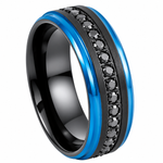 8mm black and blue tungsten band with black diamond channel on white background