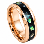 8mm rose tungsten band with black abalone inlay on white background