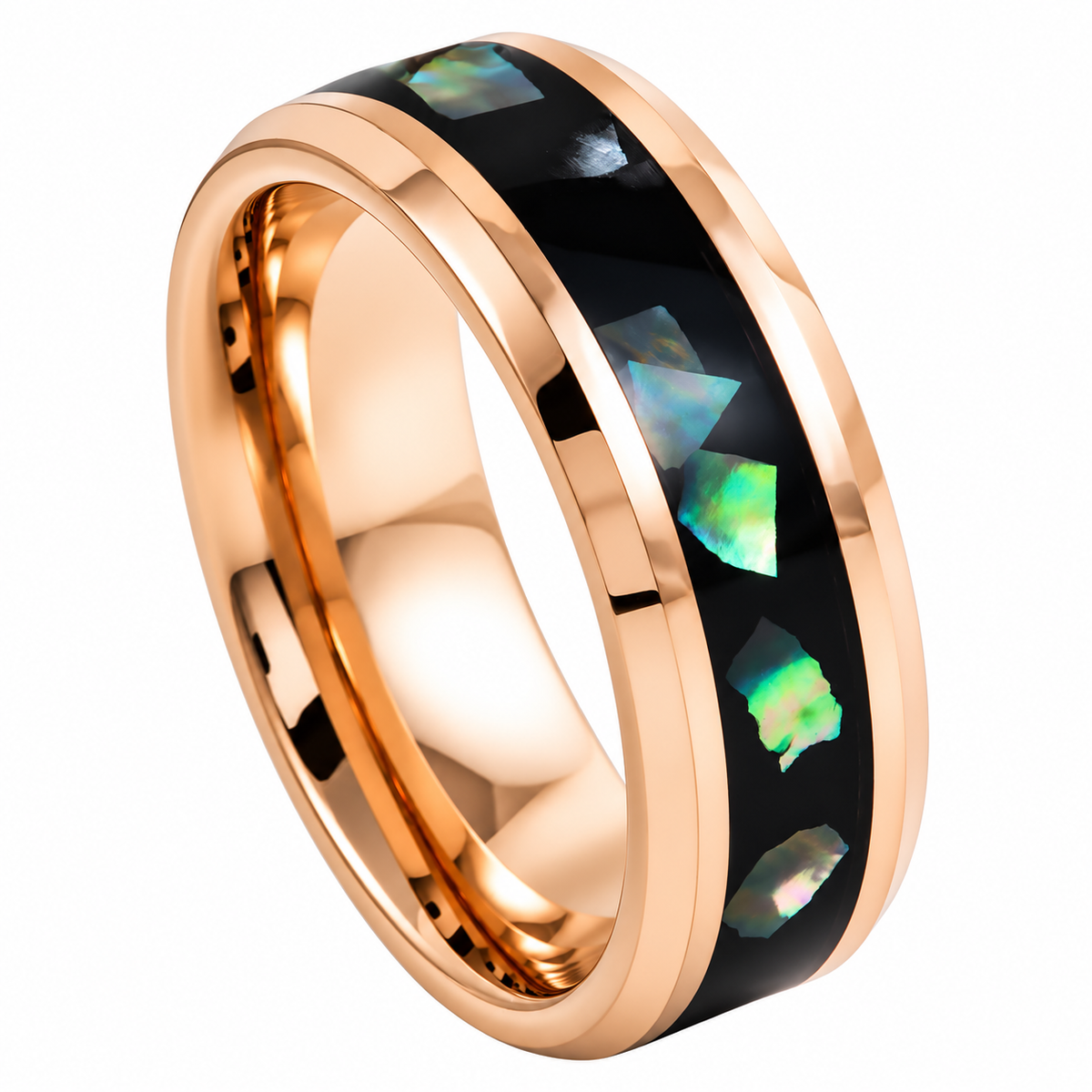 8mm rose tungsten band with black abalone inlay on white background