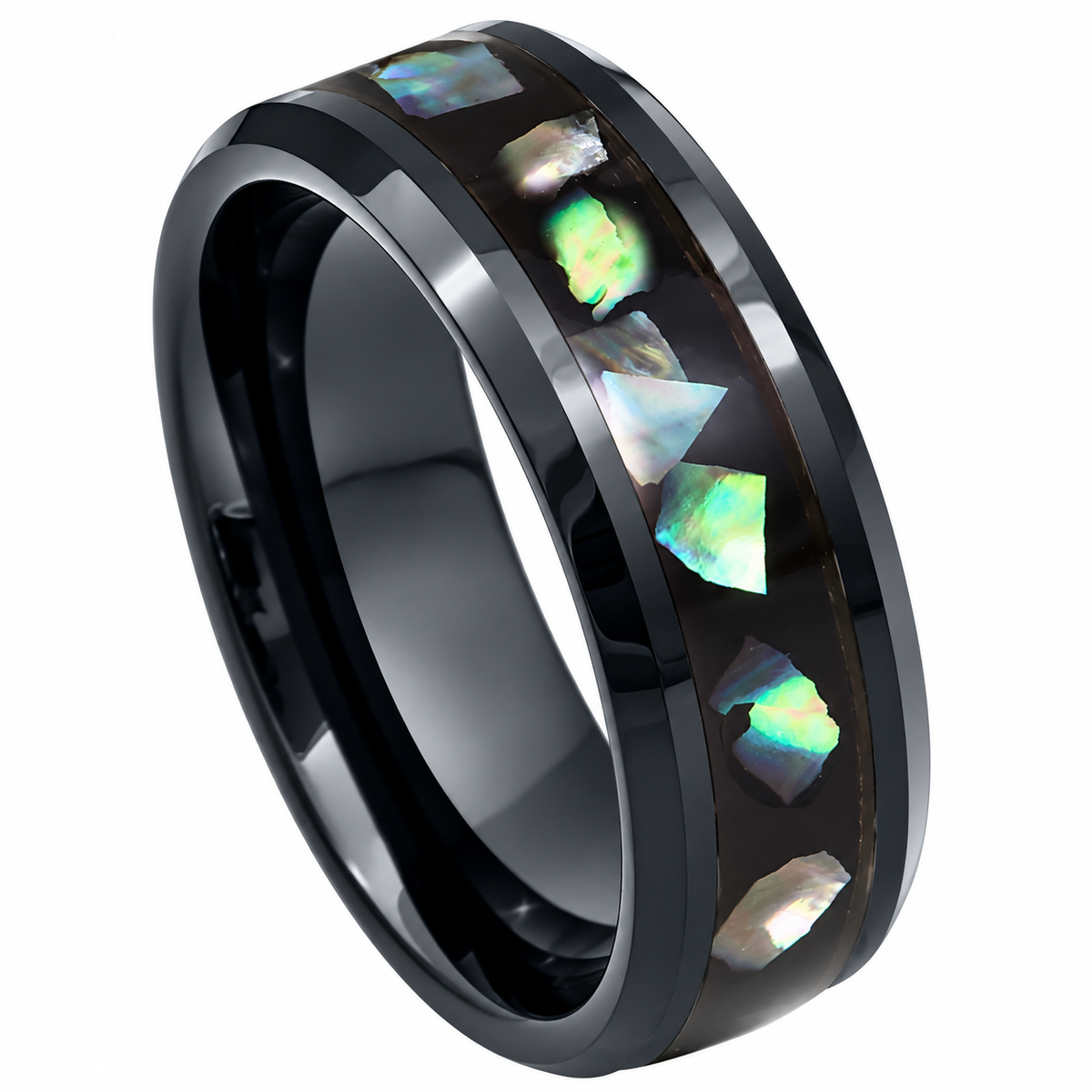 8mm black tungsten band with abalone inlay on white background