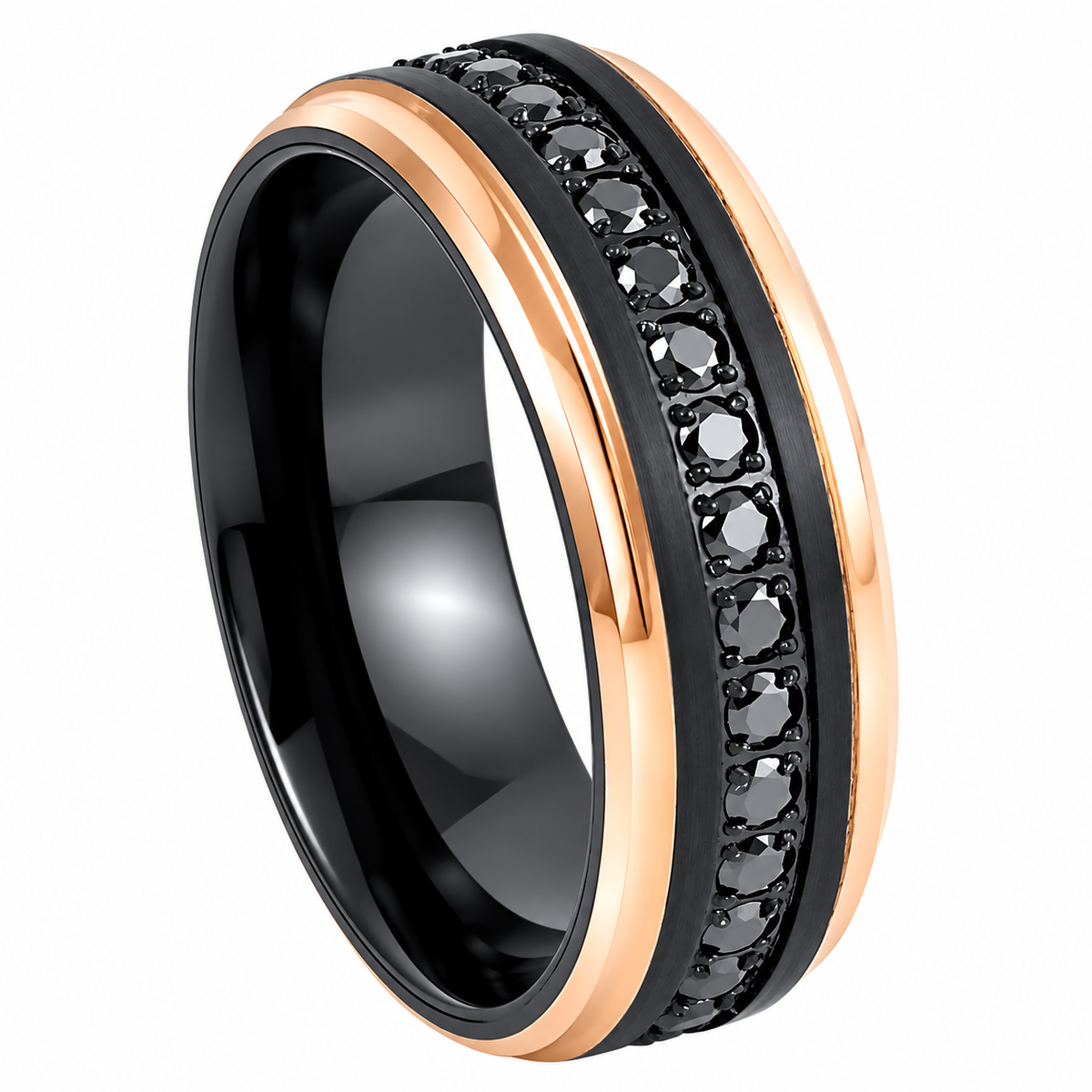8mm black and rose tungsten band with black diamond channel on white background