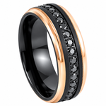 8mm black and rose tungsten band with black diamond channel on white background