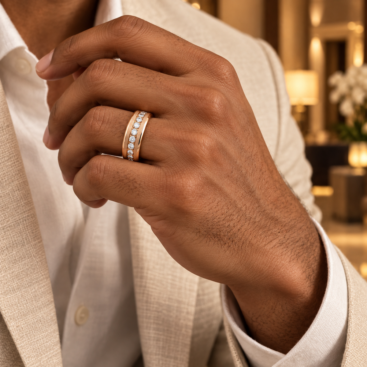 8mm Rose Tungsten Band with Diamond Channel worn on hand lifestyle view