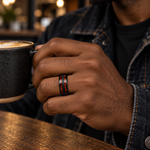 8mm Black Tungsten Band with Red Wood Inlay worn on hand lifestyle view
